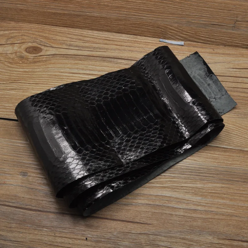 Leather Fabric Leather Material Handmade Leather Shiny Black Genuine Natural Snakeskin Leather DIY Fabric Handicraft Leather for Handbags, Belts 90-120 cm 1 Piece