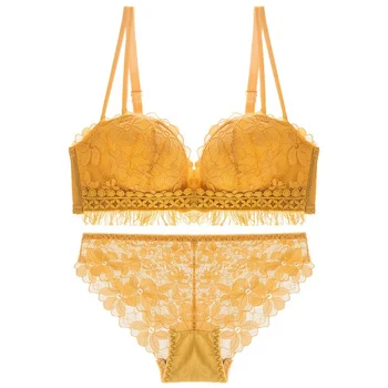 

Sexy Lace Embroidered Bra Set Solid Color Tassels Gathered Push Up No Rim Bra Set