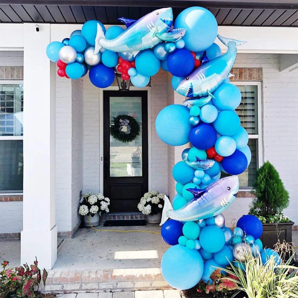 

111pcs Caribbean Blue Sliver Red Balloon Garland Arch Kit For Shark Party Decoration Supplies Baby Shower Birthday Party Decor