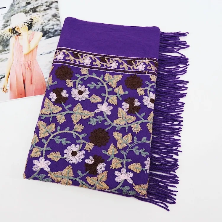 Роскошный брендовый толстый зимний шарф для женщин, теплый кашемировый шарф гинкго с цветочной вышивкой, шалевая накидка с бахромой в виде кисточек, одеяло, хиджаб, шарф из пашмины - Цвет: Фиолетовый