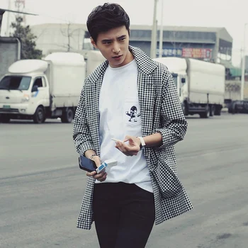 

2020 Spring And Autumn New Youth Popular Plaid Single-layer Long-sleeved Trench Coat Fashion Casual Mid-length Shirt Black M-XL