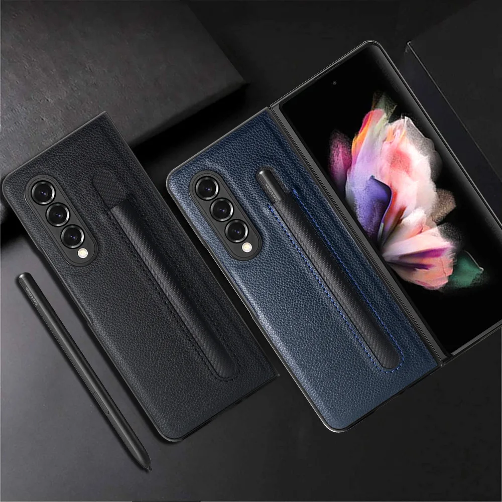 Fashion Leather Lychee pattern Pen slot case for Samsung Galaxy Z Fold 3 PU+PC Cover Anti-knock luxury Cases for Fold3 F9260 samsung z flip3 case