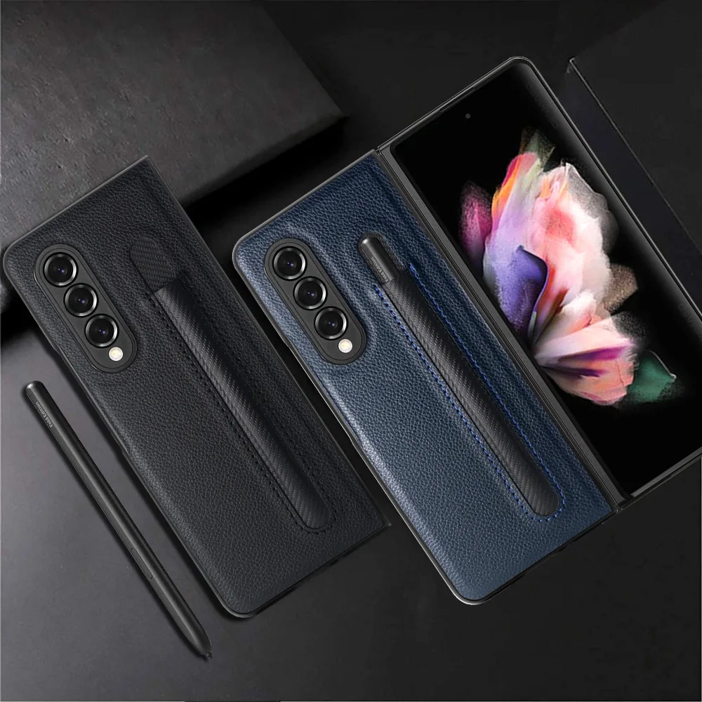 Fashion Leather Lychee pattern Pen slot case for Samsung Galaxy Z Fold 3 PU+PC Cover Anti-knock luxury Cases for Fold3 F9260 phone flip cover