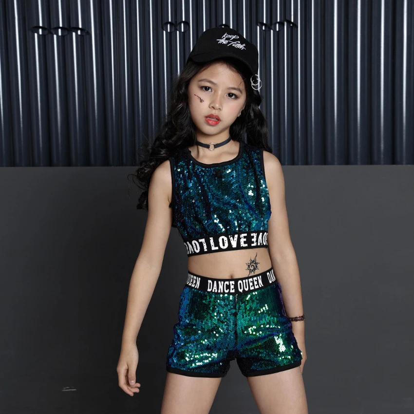 Korean Style Fancy Kids Student Girls Ballroom Jazz Dance Costumes Hip Hop Street Wear Big Eyes Sequin Jacket Clothing Set