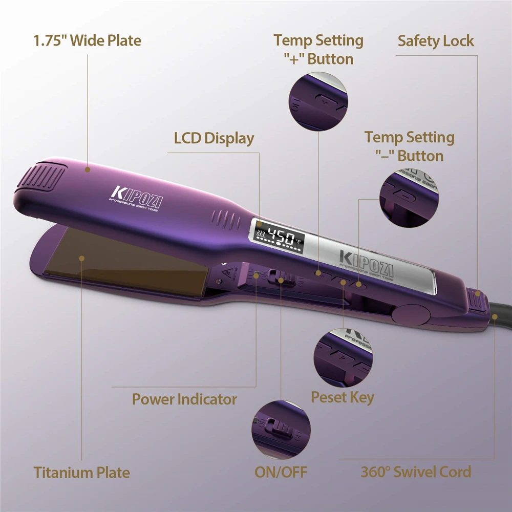 2024 KIPOZI Professional Titanium Flat Iron Hair Straightener with Digital LCD Display Dual Voltage Instant Heating Curling Iron 4
