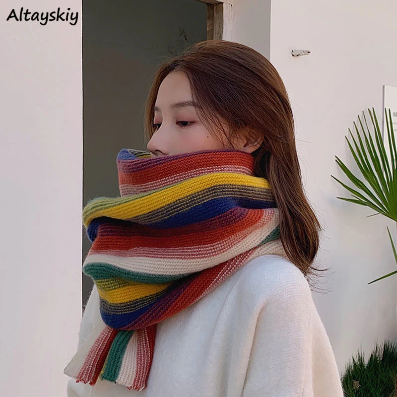 Bufandas de punto para mujer, bufandas elegantes a rayas de arcoíris, coloridas, Ulzzang, combina con todo, Vintage, ocio, universitario, otoño|Bufandas de - AliExpress