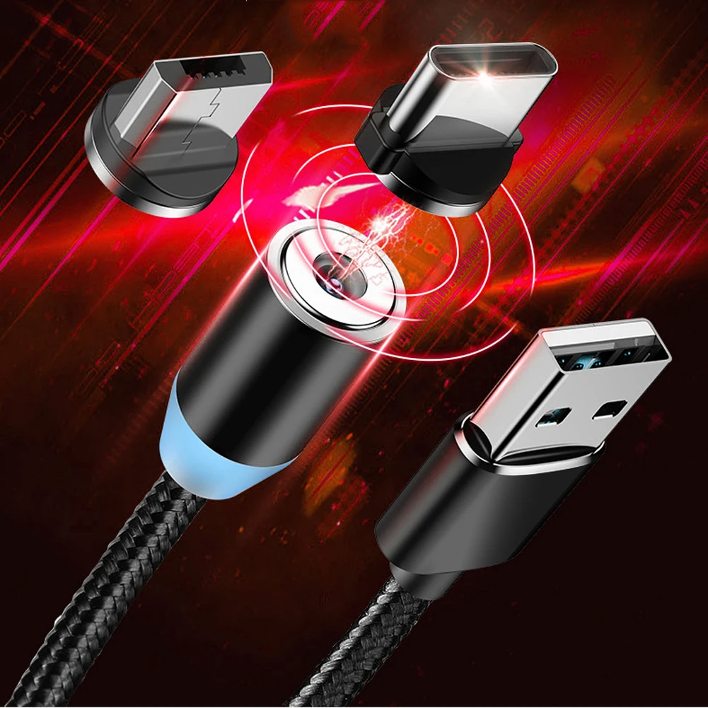 Для Android iPhone huawei 360 ° вращающийся круглый Прочный Магнитный светодиодный кабель Micro USB type C для быстрой зарядки нейлоновый плетеный провод для зарядки