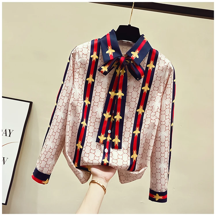 Vintage Female Bow Blouses for Women New Autumn Turn Down Collar Long Sleeve Chiffon Shirts All-match Women Tops
