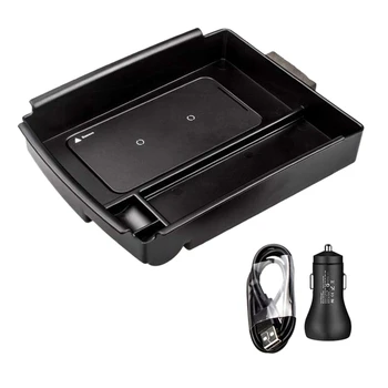 

Wireless Qi Phone Charger Organizer Box with Cup Holder and Type-C Cable, Center Console Storage Tray Charger Pad Accessory for