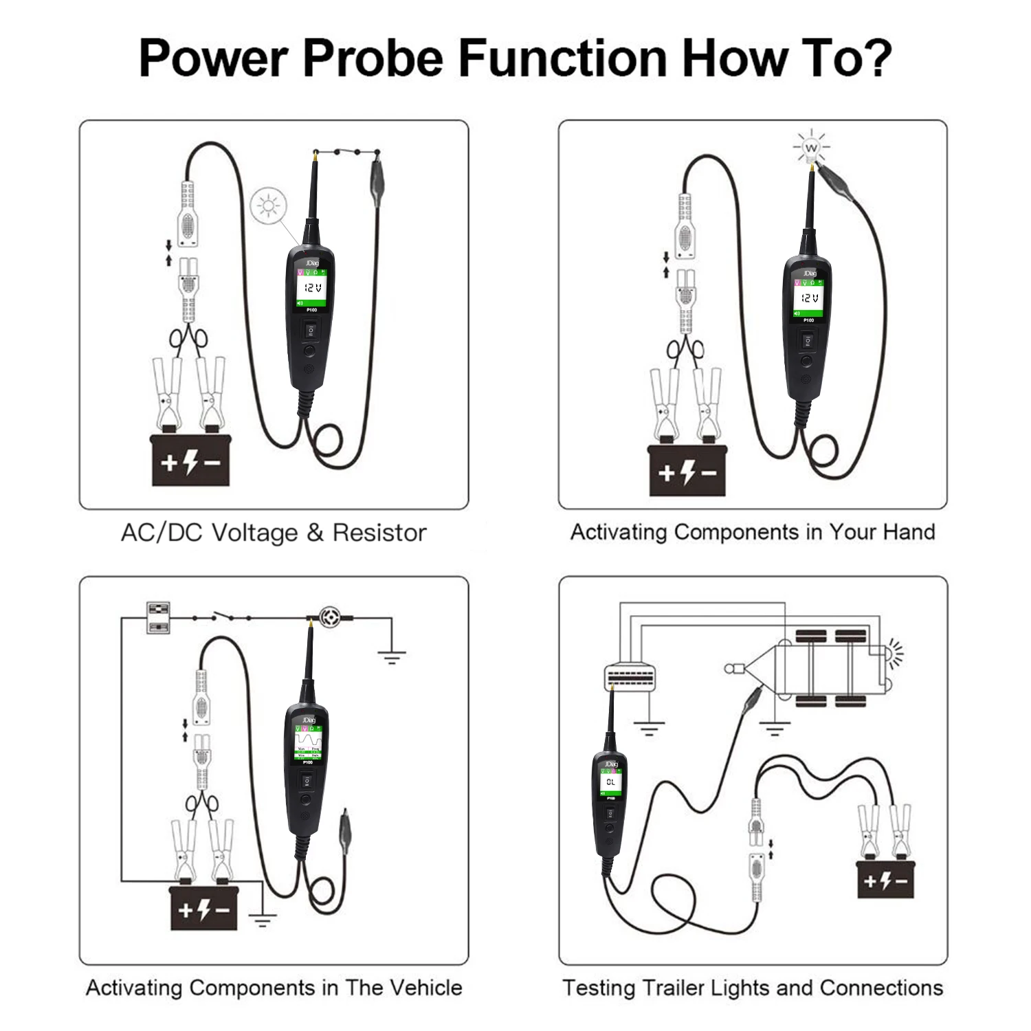 JDiag PowerPro P100  Electrical Circuit Tester for Cars Trucks and Motorbikes Multi-Lingual