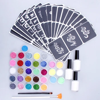 

54Pcs Temporary Tattoo Set 26Colors Diamond Glitter Flash Powder 6Luminous Powder 104Templates Face Body Painting Art Tools Suit