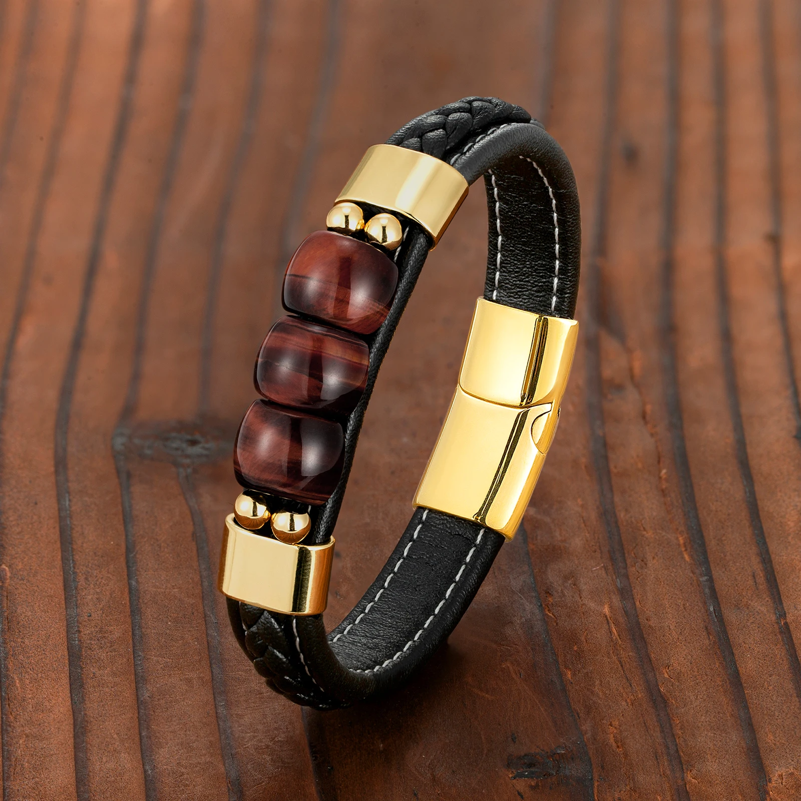 Natural Red Tiger Eye 3 Lucky Charm Jewelry Bracelet 316L Stainless Steel Leather Cord Men's Bracelet OL Style charm bracelet