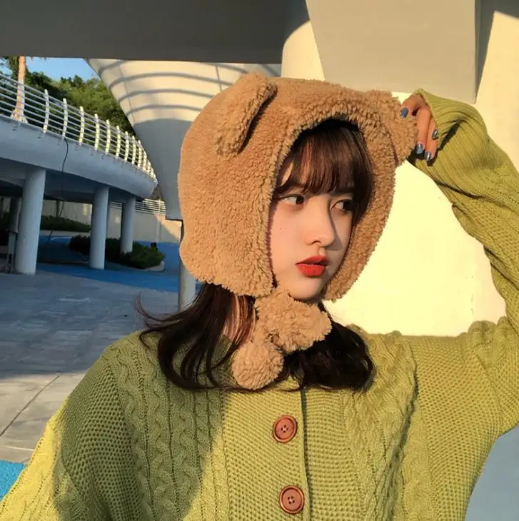 Winter Cute Bear Ears Warm Hat Women Beanies Windproof Cap Student Women Add Wool Cap Female Hat Present 5