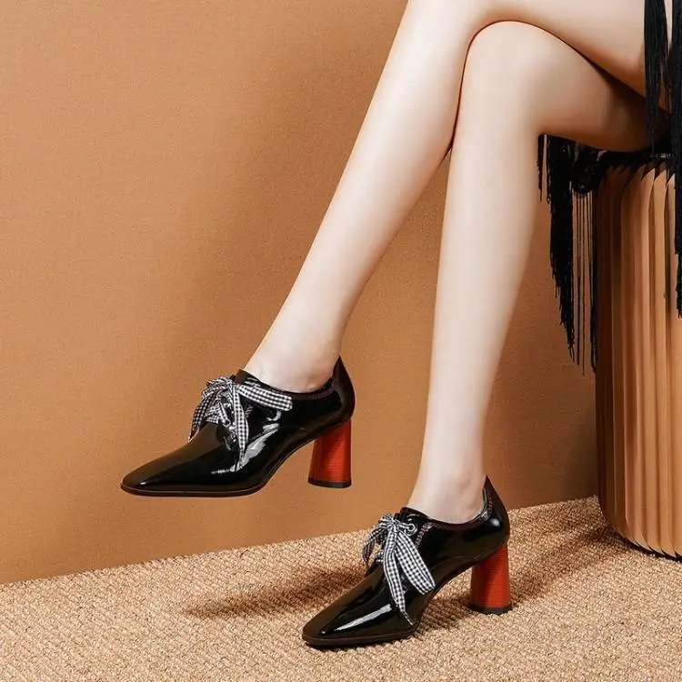 

High heels women paint thick documentary shoes head layer cowhide leather with deep with my leather shoes 6.5 cm