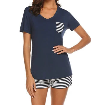 

Short Sleeve Striped Casual V Neck Nightwear Loose Cotton Blend Tops Shorts Sleeping With Pocket Women Sleepwear Set Summer Soft