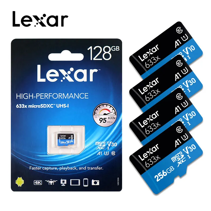 Lexar 633x высокая скорость 95 МБ/с./с 512 ГБ 256 ГБ 128 Гб Micro SD карта памяти адаптер SDHC UHS-I U1 U3 A1 A2 для дрона