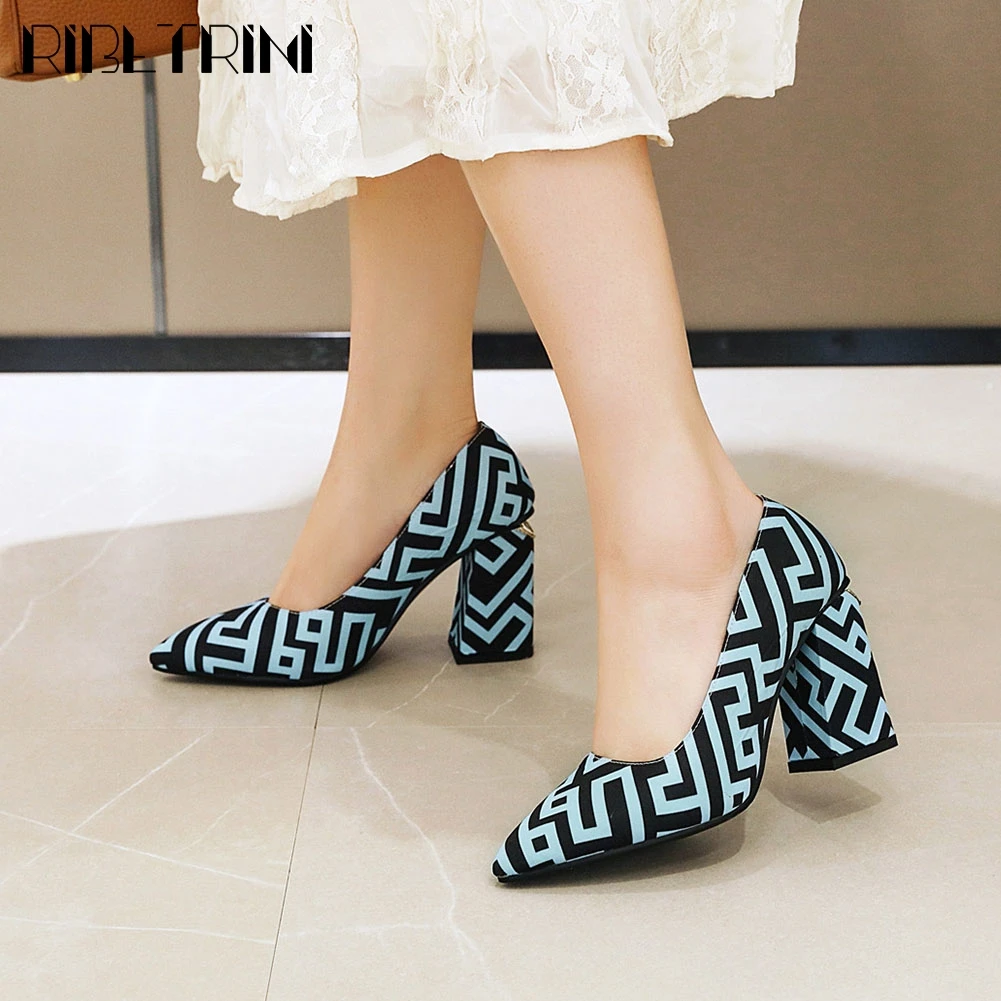 

RIBETRINI Fashion Spring Female Pointed Toe High Square Heels Mixed Color Shallow Shoes Woman Pumps Women Casual Office Pumps