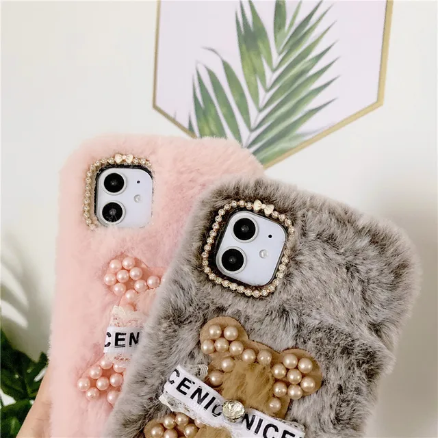 Cute Pearl Bear Fuzzy Phone Case For iphone Tweggo