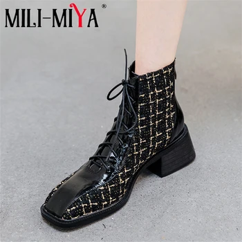 

MILI-MIYA Fashion Women Cow Leather Ankle Boots Zipper Square Heels Square Toe Mixed Color Spring/Autumn Shoes Size 34-40