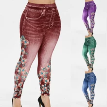 Модные женские повседневные леггинсы с цветочным принтом, имитация джинсовой ткани, облегающие джинсы с высокой талией, обтягивающие бесшовные Стрейчевые леггинсы, новинка