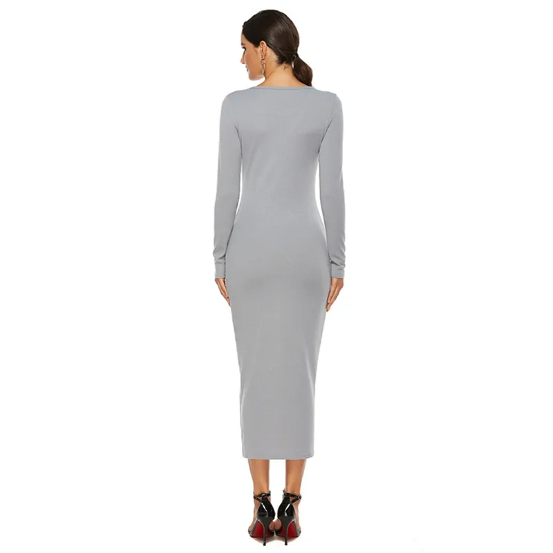 Autumn Winter Long Sleeve Knitted Casau Dress Bodycon Fashion V-Neck Robe Maxi Dress Sweater Long Dresses High Waist