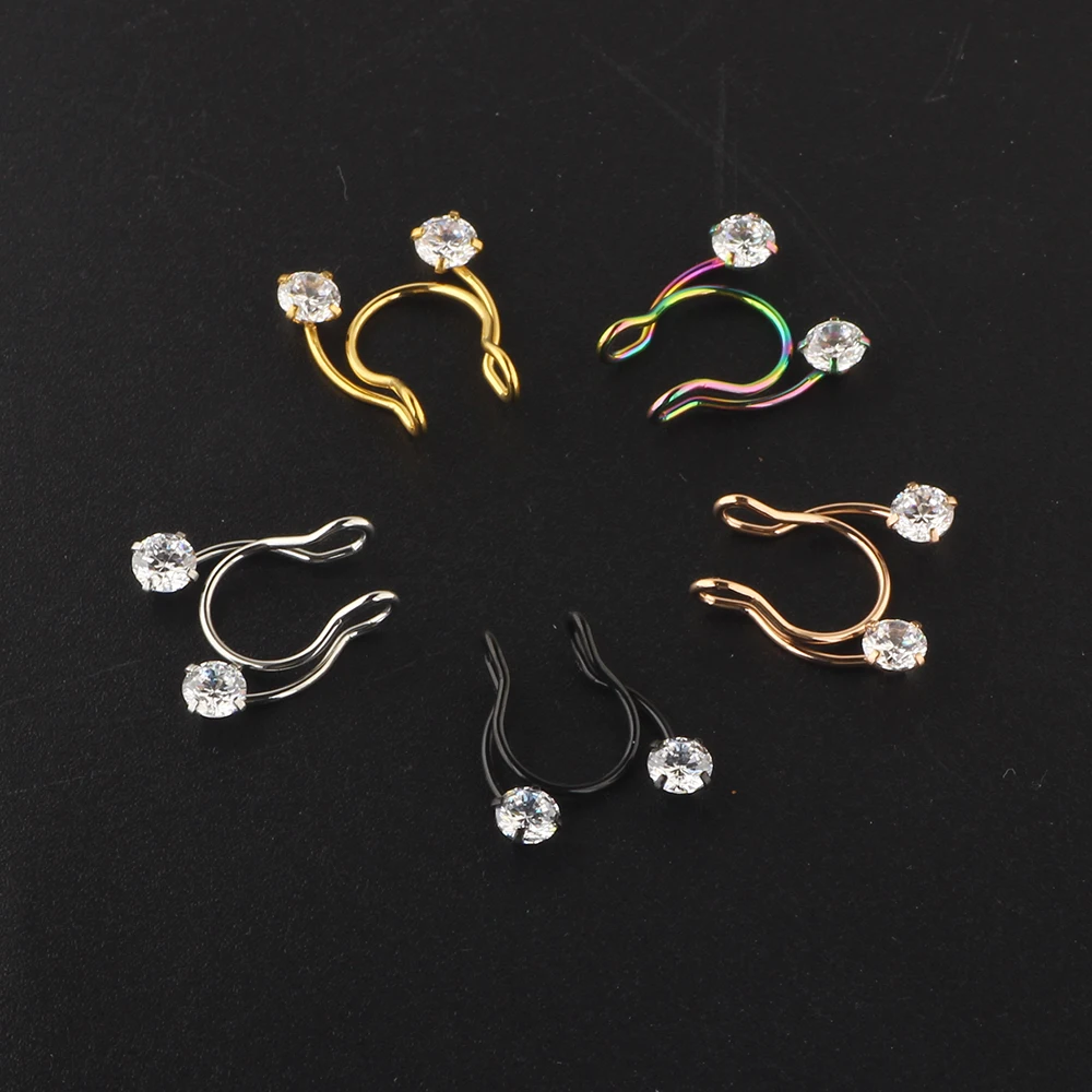 20g Nose Rings Stainless Cz Hoop Earring Hinged Segment Clicker Fake Septum Helix Stud Piercing Body Jewelry 50/100pcs 5 colors