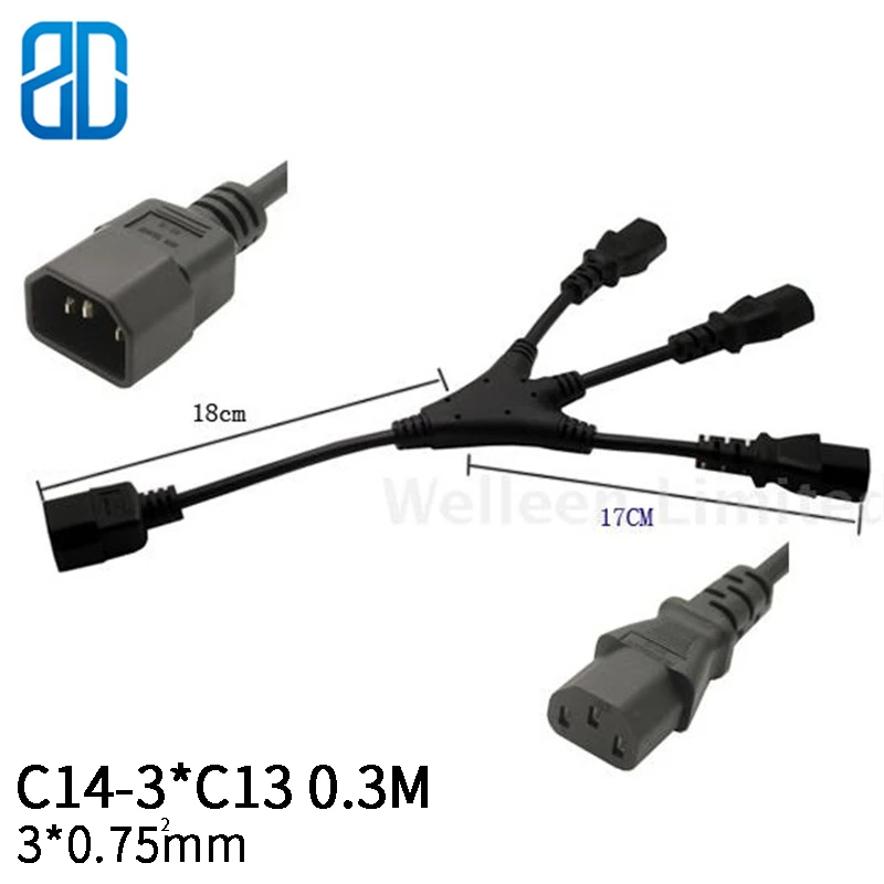 

0.3M 3*0.75mm Square C14-3*C13 IEC320 C14 Male Plug To C13 Female Y Type Power Extension Cable Cord Power Adapter Wire 10A/250V