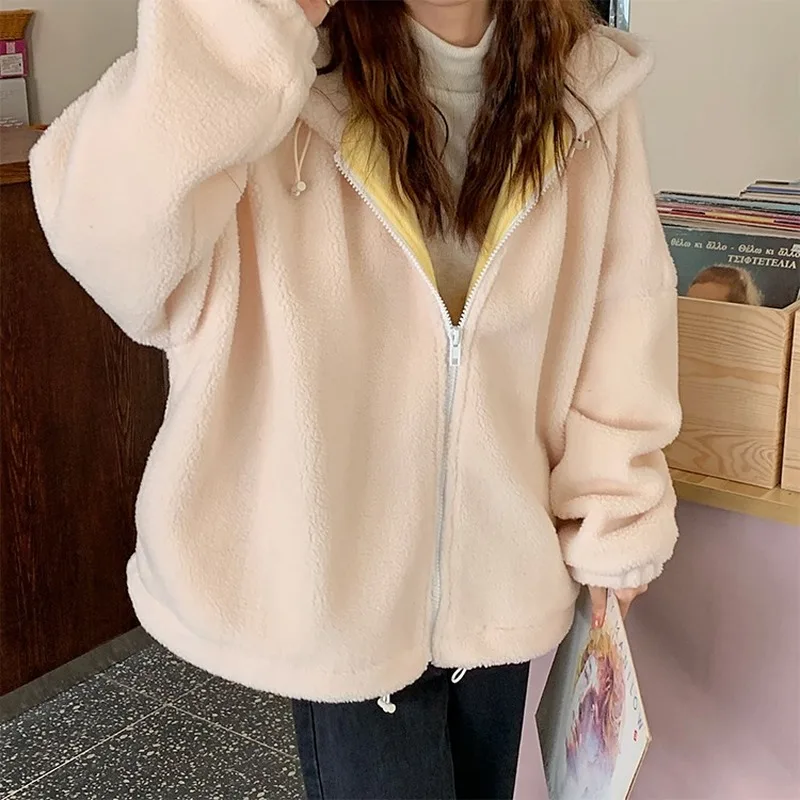 Hooded Ladies Plus Velvet Thick Coat All-match Jacket Pure Yellow Sweet and Cute Autumn and Winter Lamb Wool Loose Coat 2022