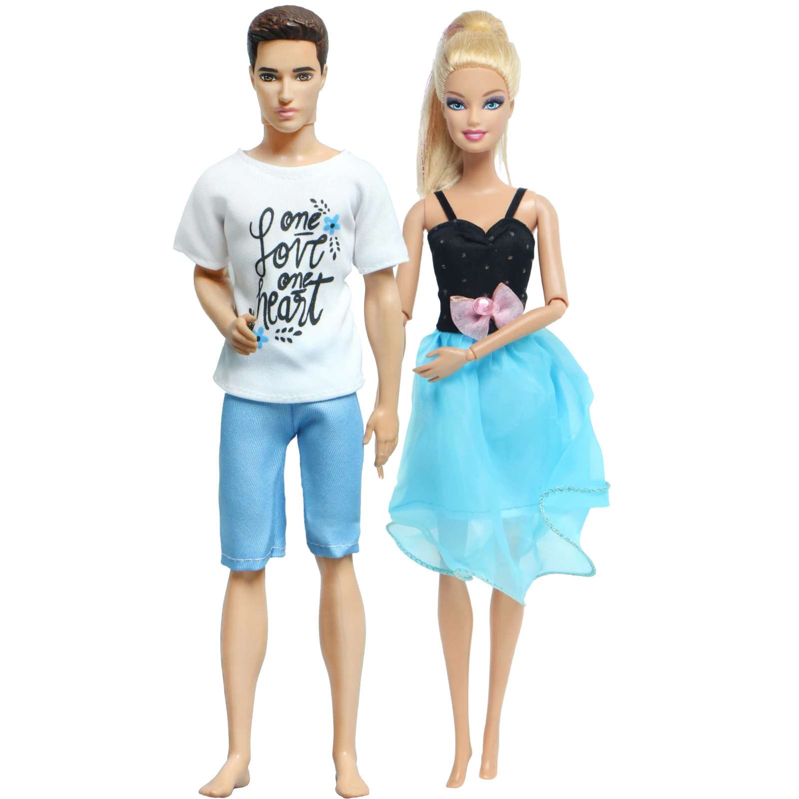 2 Pcs Outfits /Set Summer Doll Dress Colorful Mini Short Gown Skirt for Barbie Doll + Ken Doll T-shirt Pants Clothes Accessories