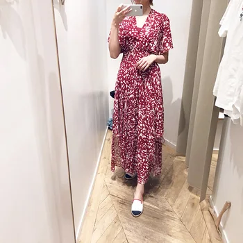 

Women's Irregular Chiffon Midi Dress C-neck Short Sleeve Ruffles Print Casual Long Dress 2020 Spring New