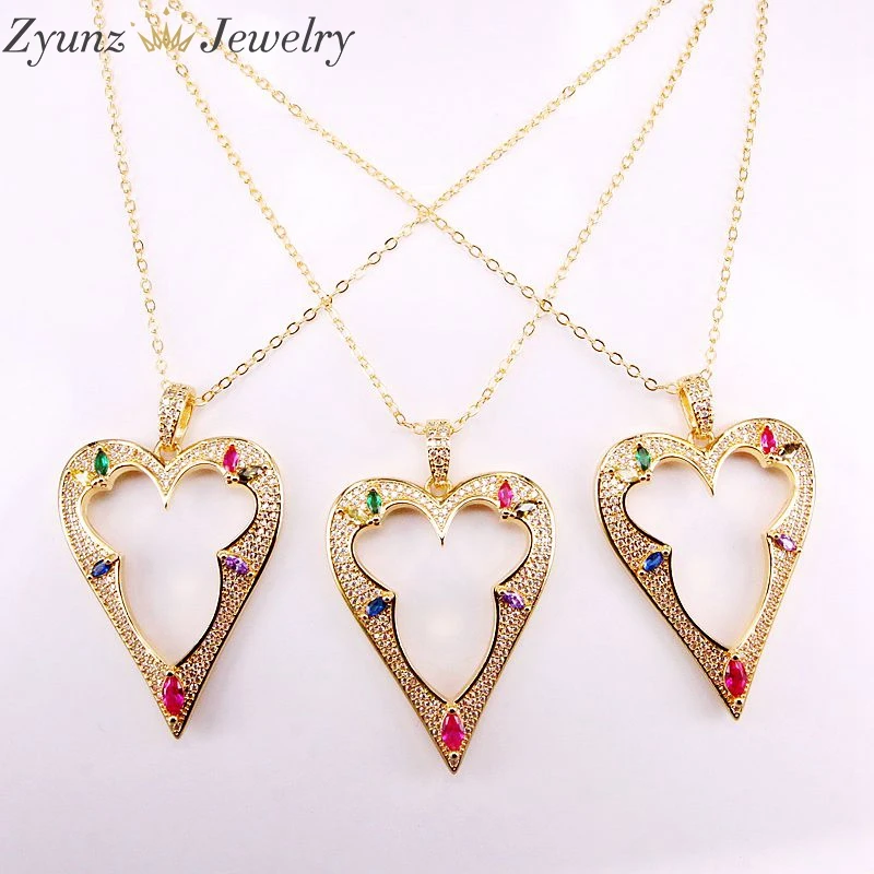 

5PCS, Rainbow Colorful CZ Cubic Zirconia Pendant Charm Gold Color Micro pave Big Heart necklace