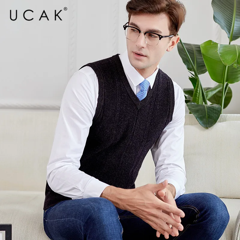 Cheap UCAK Brand Sweater Vest Men 2019 New Arrival Casual Solid Striped Pure Merino Wool Streetwear Pull Homme Winter Sweaters U3116