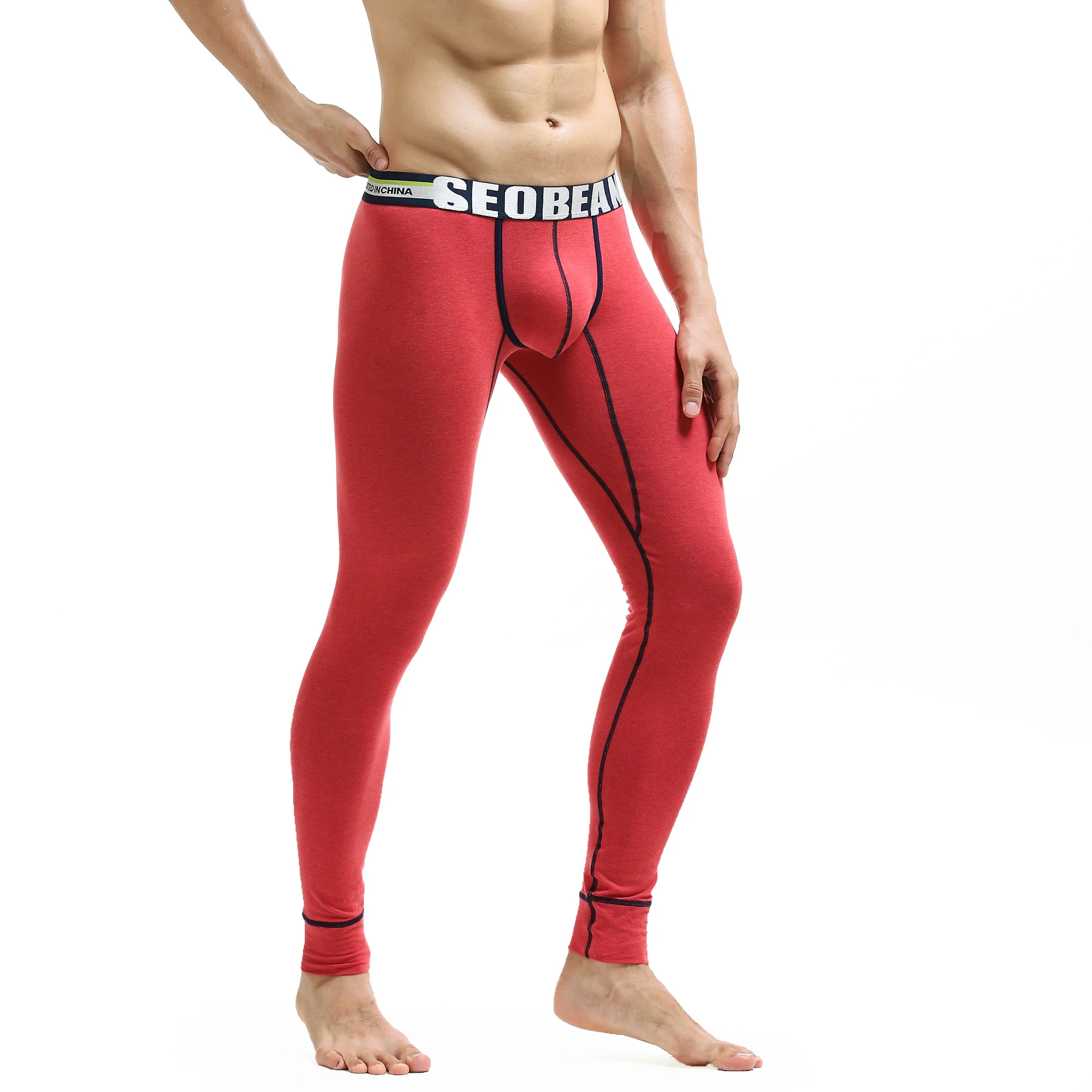 SEOBEAN, мужские осенние штаны, модные одноцветные леггинсы, низкая талия, U-pouch, сумка, пуш-ап, мужское термобелье, низ - Цвет: Красный