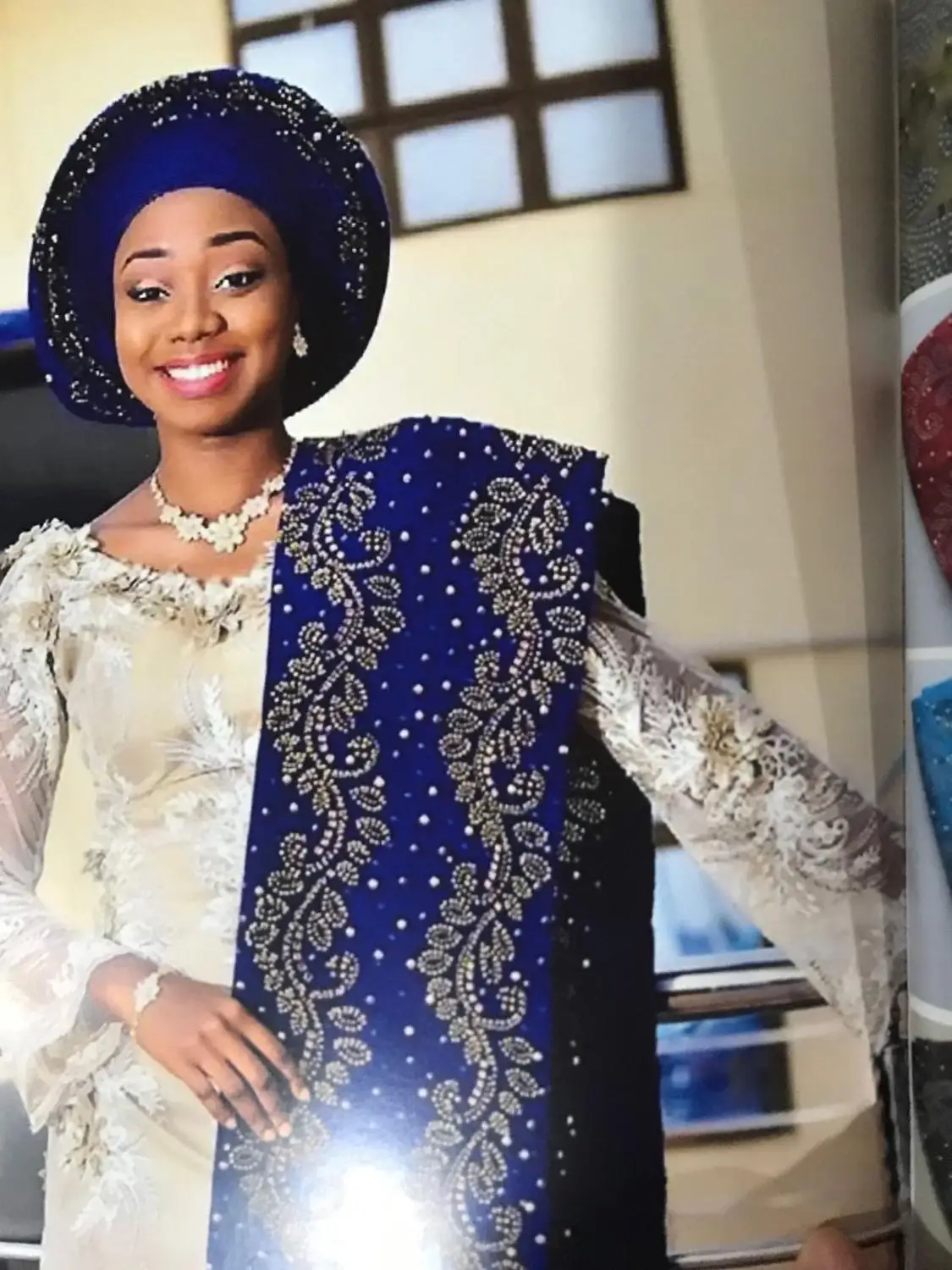 ASO OKE головной убор с камнями и бусинами Королевская Синяя кружевная ткань Африканский шарф Голова Авто геле головное украшение высокого качества 2 шт
