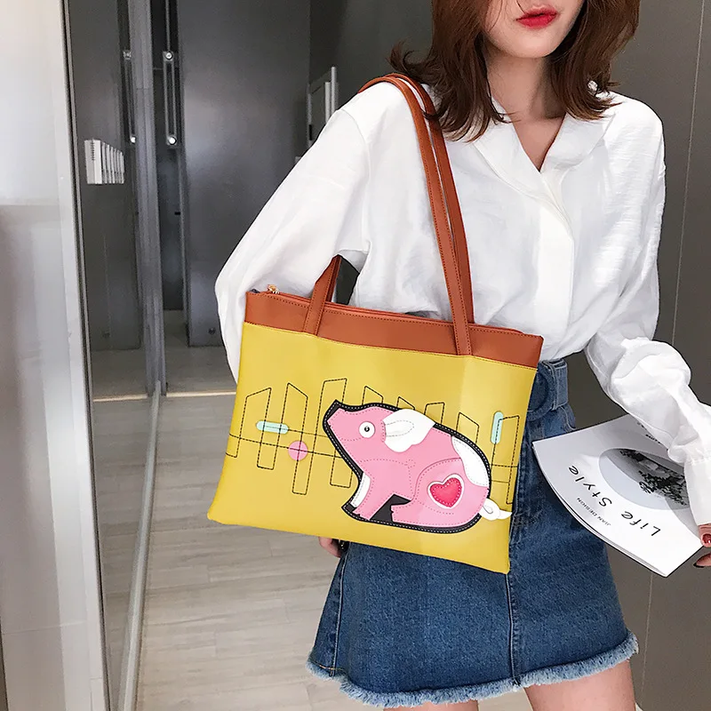 

Bag Women's 2019 New Style Fashion Pig Contrast Color Tote Bag Large Capacity Shoulder Bag INS Super Fire Versatile Tote