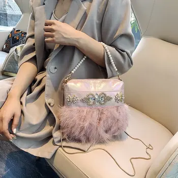 

New Fashion Feathers Designer Crossbody Bags For Women 2020 Pearl Chains Shoulder Bag Luxury Diamonds Girls Handbags Small Tote