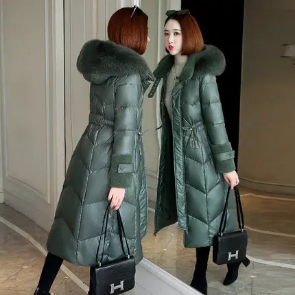 green Real fur Женские пуховики, брендовые белые пуховики на утином пуху 90%, белые пуховики, парка, женские длинные зимние куртки с воротником из лисьего меха для женщин - Цвет: green Real fur