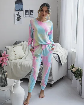 

Women Tie Dyeing Loose Pajama Sets Long Sleeve O Neck Top + High Waist Pants Trousers Lady Spring Autumn Casual Outfit Sets