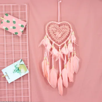 

Girl Heart Dream Catcher With LED String Hollow Hoop Heart Shape Pendant Feathers Handmade Night Light Wall Hanging Home Decor