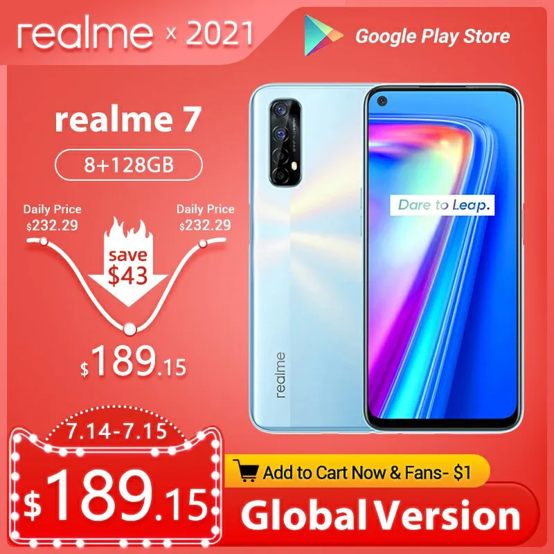 realme 7 8GB 128GB Mobile Phone Global Version 6.5'' 90Hz Display Helio G95 Octa Core 48MP Quad Camera 5000mAh 30W Dart Charge |