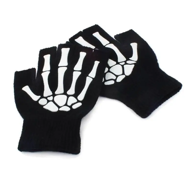 Unisex Halloween Punk Printing Fluorescent Skeleton Skull Half Finger Gloves Glow in the Dark Fingerless Knitted Winter Mittens