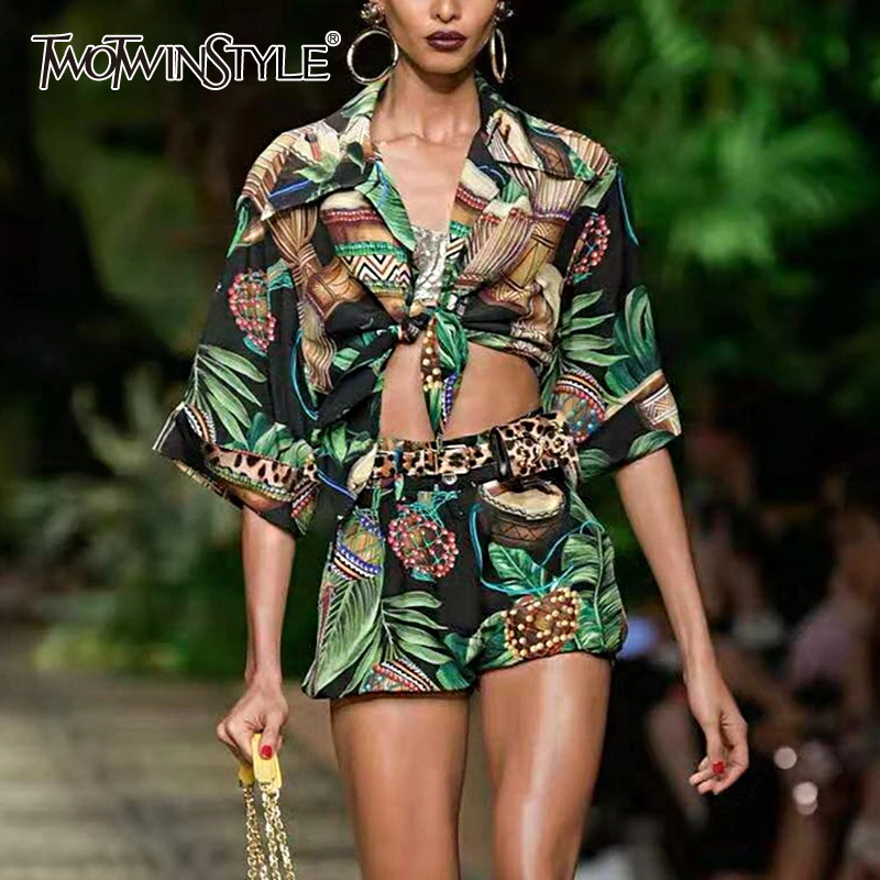 TWOTWINSTYLE Casual Print Two Piece Set Female Lapel Collar Short Sleeve High Waist Lace Up Shorts Prairie Chic Style Suit Women TWOTWINSTYLE Casual Print Two Piece Set Female Lapel Collar Short Sleeve High Waist Lace Up Shorts Prairie Chic Style Suit Women
