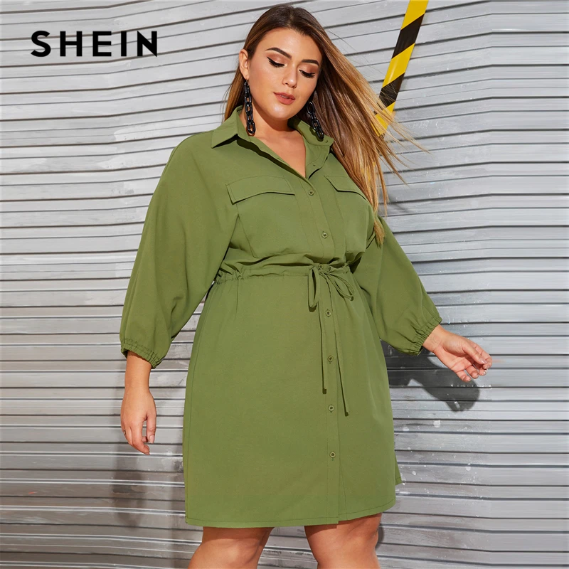 Günstig SHEIN Plus Größe Armee Grün Kordelzug Taille Tasche Seite Fracht Hemd Kleid Frauen Herbst Hohe Taille Ausgestelltes Casual Plus Kleider