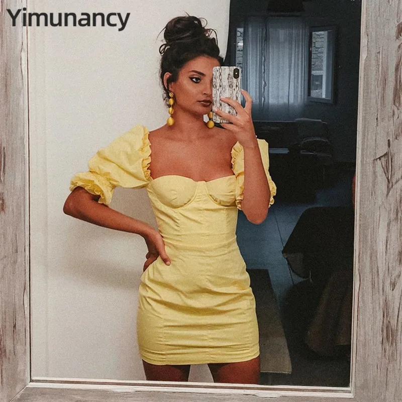 

Yimunancy 2019 Summer Puff Sleeve Bodycon Dress Women Fashion Ruffle Party Dress Ladies Padded Yellow Dress Vestidos Robes