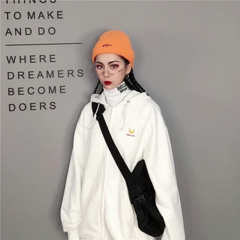 

Hipa White Sweater Coat Female Spring Plus Velvet Thicken Zipper Cardigan Lian Cap Loose Ins New Style Clothes Chao