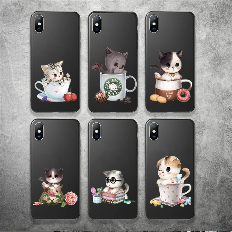 Hand-painted cute kitten Black tpu case for iphone 6 6s 7 8 plus x 10 XR XS MAX silicon cover apple 11 11pro max | Мобильные