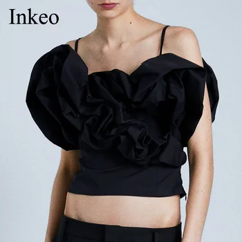 

Fashion Women Ruffles Tank Top Summer 2020 Black Slim Elastic Female Camisole Female Clothing Tanks Party Holiday INKEO 9T054