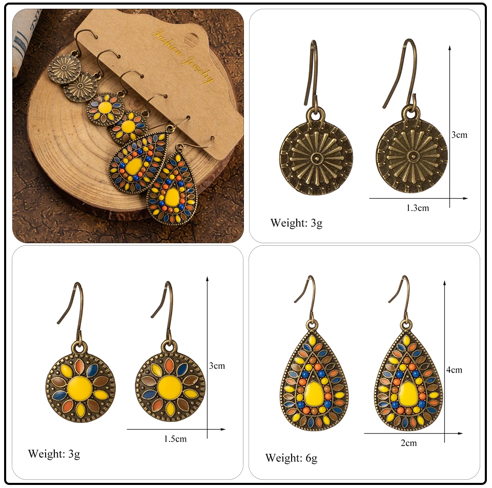 Bohemian Ethnic Vintage Big Round Earring Sets Jewelry for Women Acrylic Beads Pendant Silver Circle Flowers Earrings (3)