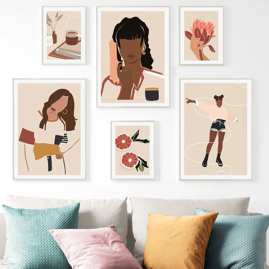 

Abstract Girl orange Leaf Cup Nordic Posters And Print illustration Wall Art Canvas Painting Wall Pictures For Living Room Decor