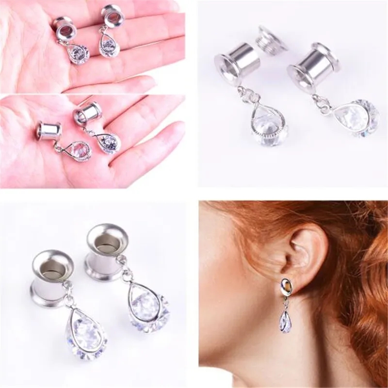 New Arrival Stainless Steel Water Drop Big Crystal Flesh Tunnel Plug Gauge Ear Stretcher Expander Earrings Body Piercing Jewelry | Украшения